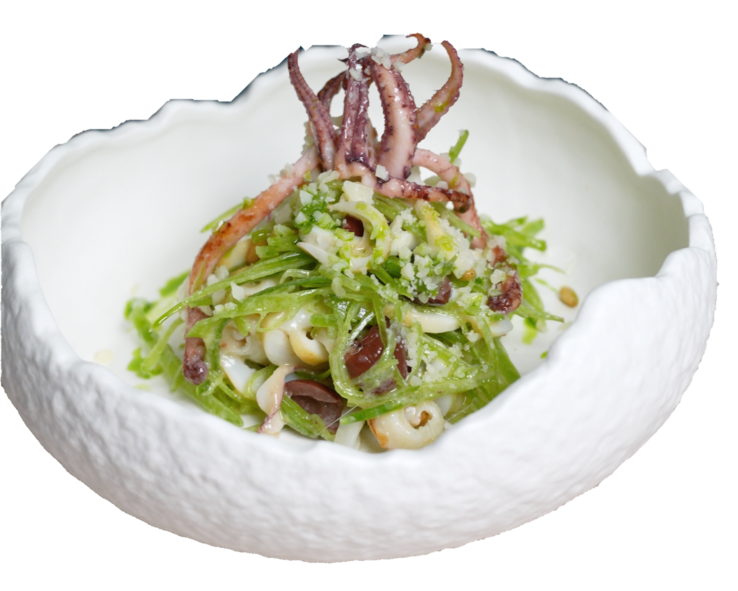 Piatto di mare gourmet di Angelina con calamaro e verdure